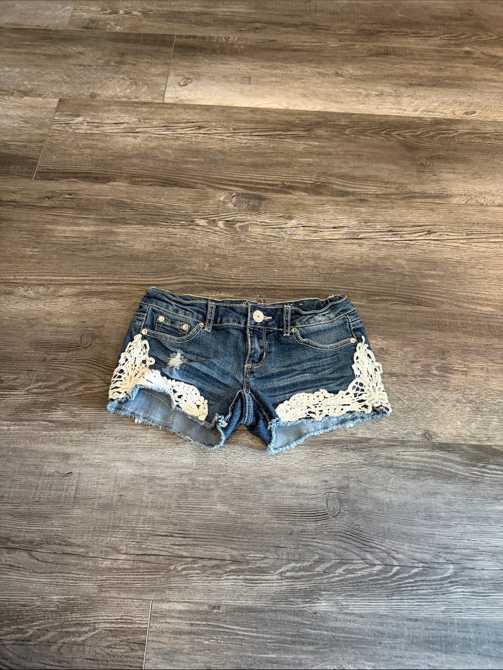 Almost Famous Women’s Denim Shorts with Cream Lace Trim